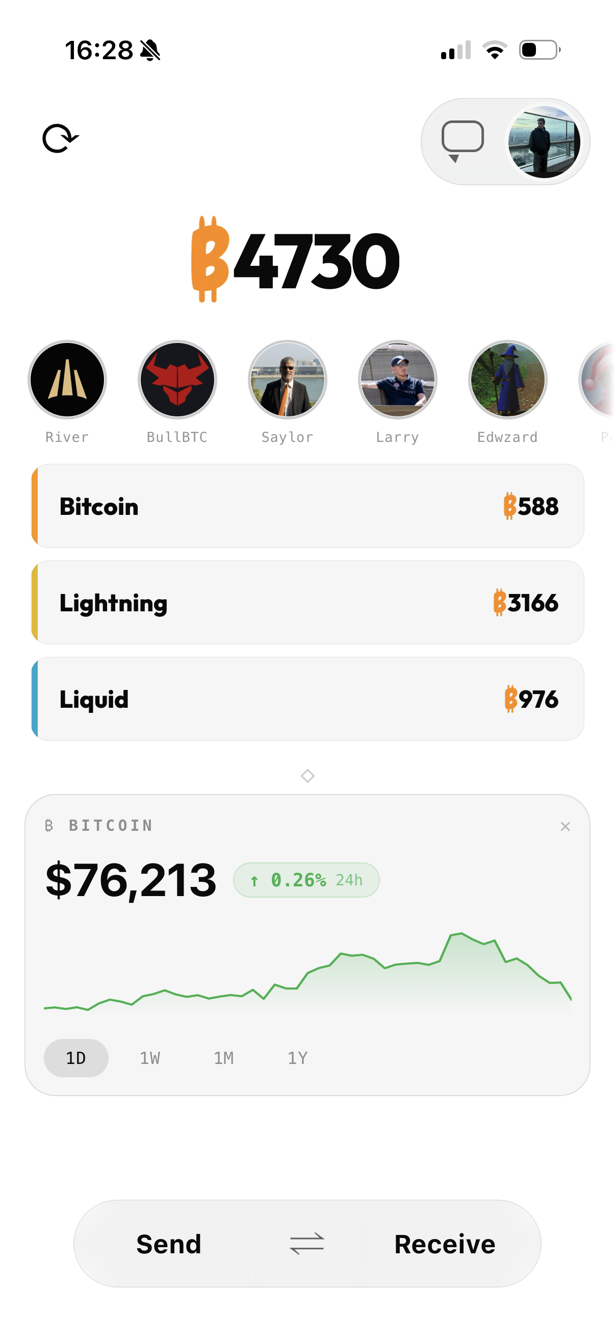 PayCashu home screen, light mode — total balance ₿4730 across Bitcoin, Lightning, and Liquid layers